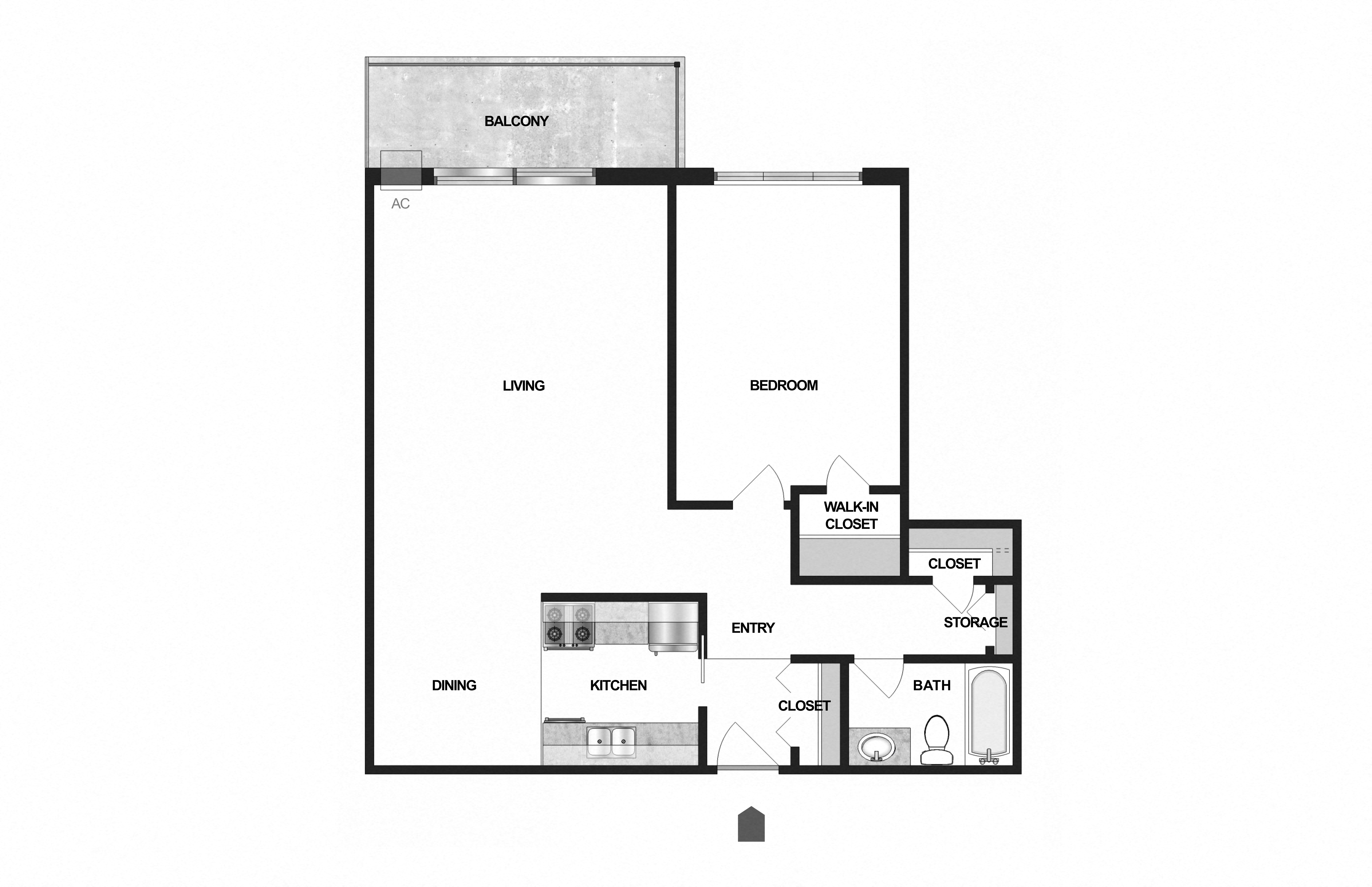 Floor plan for 1 bed, 1 bath, 790 sqft